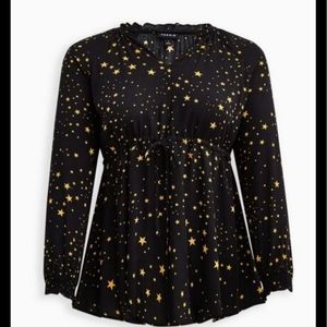 Torrid Black with Stars Peasant Blouse NWT